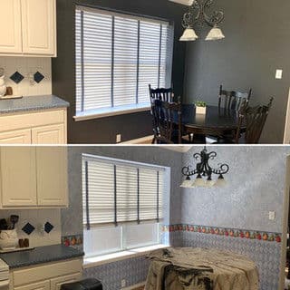 Before and after kitchen remodel with updated decor and color scheme.