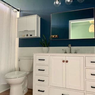 Modern bathroom with white cabinetry, blue accent wall, mirror, and indoor plant.