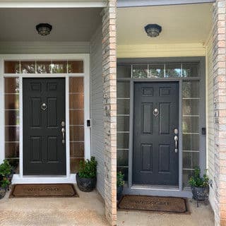 Before and after comparison of a front door makeover, showcasing new paint and decor.