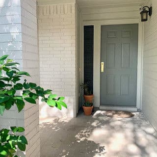 Modern entryway with gray door, potted plants, and white brick walls. Natural light casts shadows.